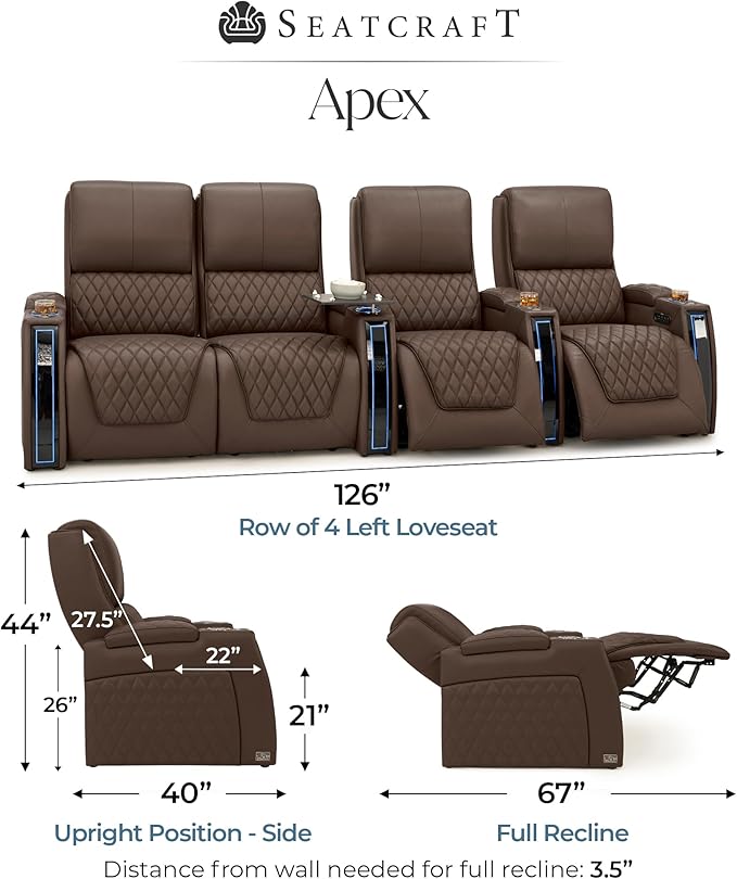 Seatcraft Apex Zero-Gravity CoolZero Italian Leather Home Theater Seating, Powered Headrest, Powered Lumbar, Powered Recline, Row of 4 Left Loveseat, Brown