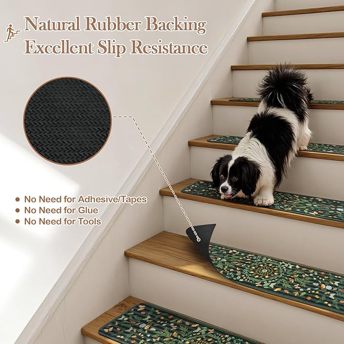 OJIA Black Stair Treads for Wooden Steps Indoor Stair Runners 15PCS 30"x8" Non Slip Stair Treads, Rubber Backed Insect Print Stair Mat Carpet Treads for Kids & Dogs, Stair Covers
