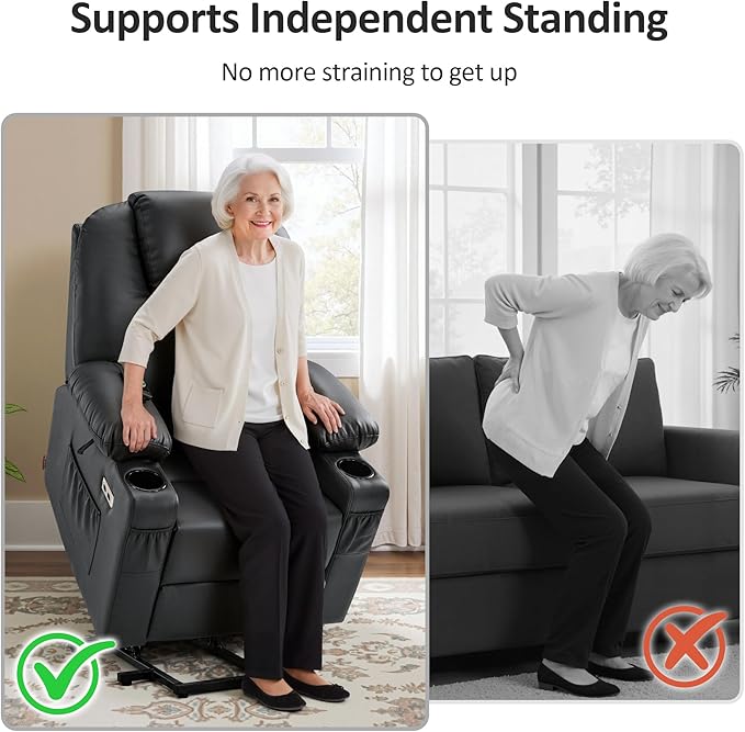 MCombo Power Lift Recliner Chair for Elderly, Lift Chair with Heat and Massage, FSC Certified, USB Ports, Cup Holders, Faux Leather 7141 (Black, Small)