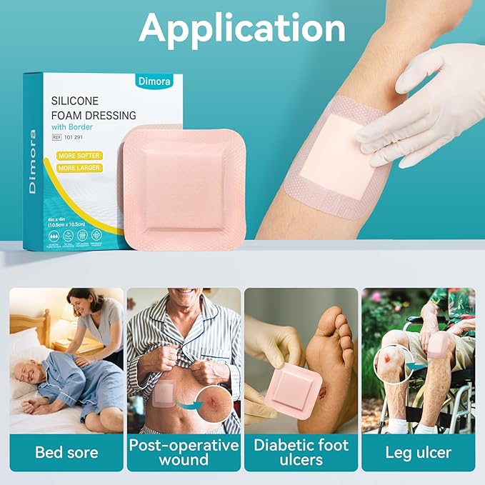 Dimora Ultra Soft Silicone Foam Dressing 4"x4" (10 Pack)- Super Absorbent Wound Dressing with Widened Border, Adhesive Foam Bandages for Bed Sores, Ulcer, Surgical Wound