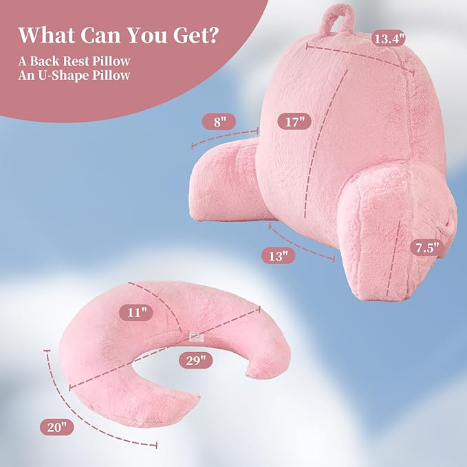 Reading Pillow for Bed,U Shaped & Back Support Pillow for Bed,19" Backrest with Lumbar & Arm Support,Luxurious Faux Rabbit Fur,Gaming PillowFor Crochet/Reading/Watching TV,Pink