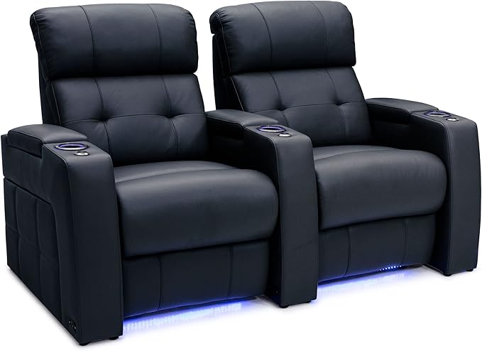 Seatcraft Kodiak Zero-Gravity CoolZero Italian Leather Home Theater Seating, Powered Headrest, Powered Lumbar, Powered Recline, Row of 2, Black