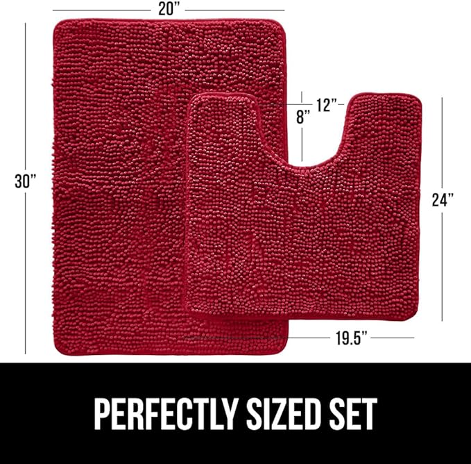 GORILLA GRIP Bathroom Rug Sets, Soft Chenille 2 Piece Area Rugs Set, Toilet Base Mat and 30x20 Carpet, Absorbent Microfiber Washable Mats Dry Quickly, Home Décor and Bath Room Accessories, Red