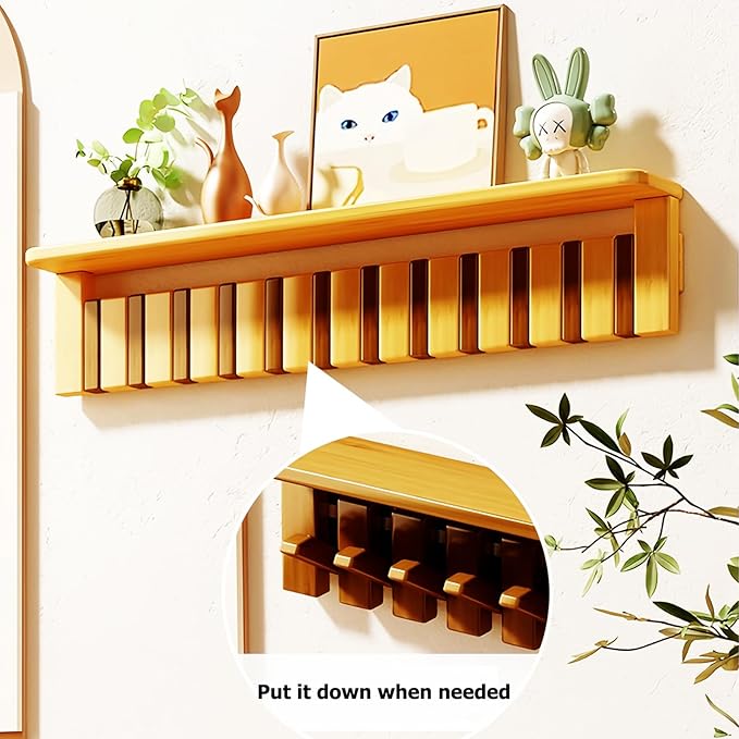 Wall Mounted Piano Key Hanger | Flip Style Hook | Entrance Wall Art Hook, Made of Oak Wood (3 Times Painted, 4 Times Polished) (Tray Beech, 10Hooks)