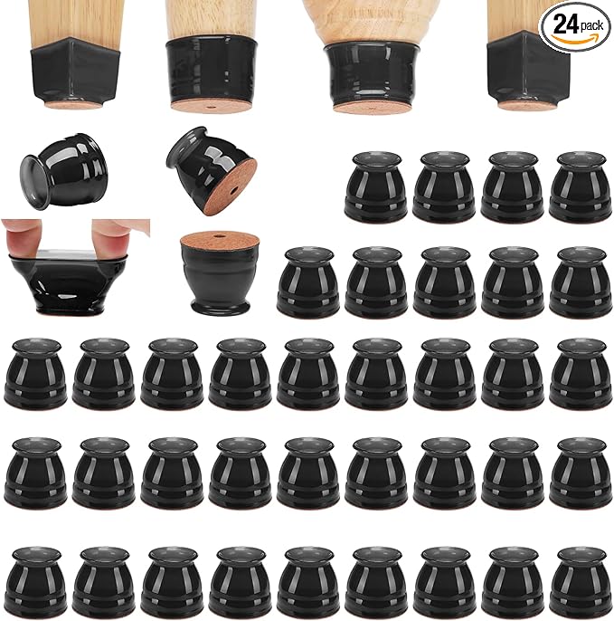 CHUNZEXI 24 Pack Chair Leg Floor Protectors for Hardwood Floors, Silicone Felt Covers Pads Caps, Protect Wood Furniture Feet Floors Noise Reduce and Scratch (Universal Small & Black)
