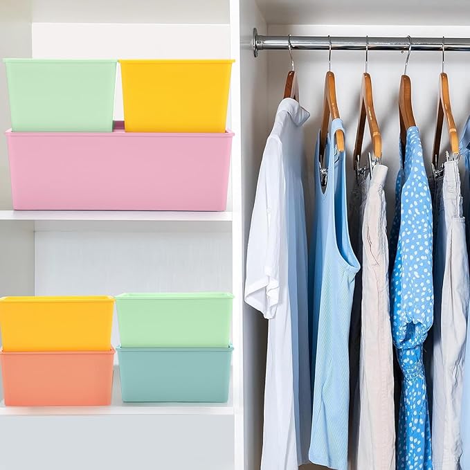 Menkxi 6 Pcs Plastic Storage Bins with Lids Stackable Storage Containers Durable Box Baskets for Organizing Shelves Playroom Classroom Office (Macaron Color,Large and Small)