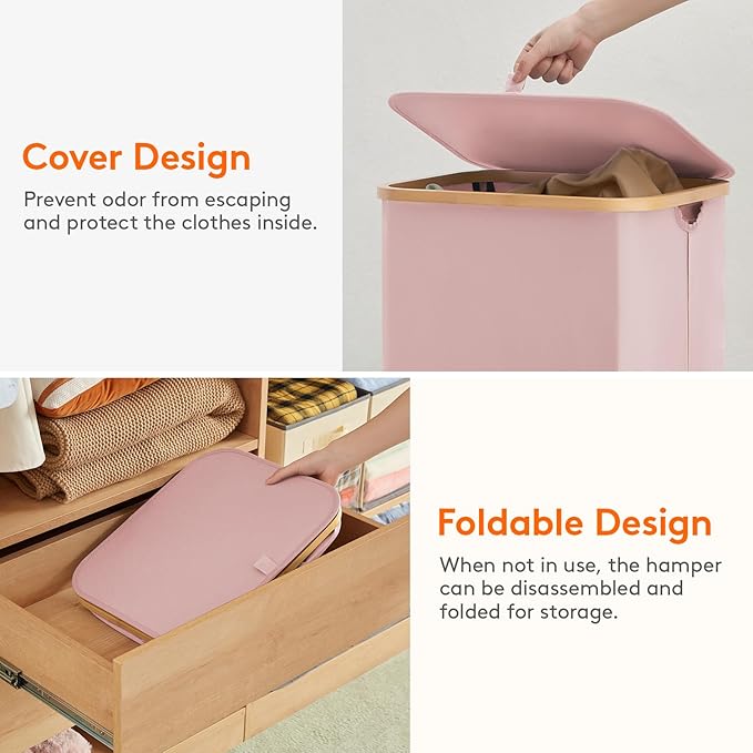 Lifewit 100L Laundry Basket with Lid, Clothes Hampers for Laundry with Bamboo Handles and A Removable Laundry Bag, Large Foldable Hamper for Bedroom, Bathroom, Dorm, Laundry Room, Pink