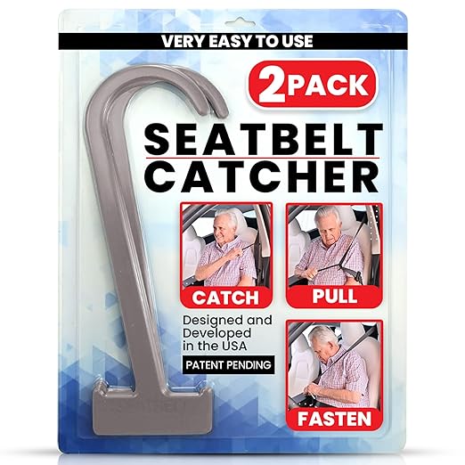 Seatbelt Catcher Seat Belt Aid Grabber - for Elderly & Disabled, Seatbelt Reacher Tool for Seniors with Back, Shoulder, or Elbow Injury, Easy Reach Mobility & Daily Living Aid, 2 Pack, Gray