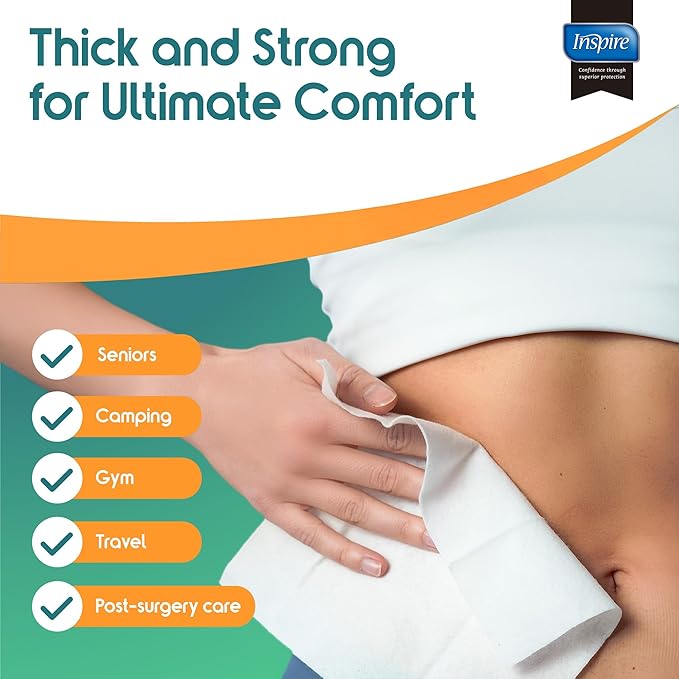 Inspire Ultra Thick Rinse-Free Bath Towels | Shower Towels - Flush-Free Wet Wipes with Aloe | Thick Strong Extra Large Towel for Adults | Body Wipes for Adults Bathing No Rinse