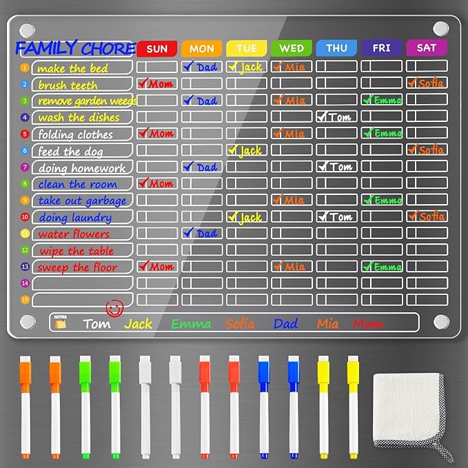 PigPotParty Acrylic Magnetic Chore Chart for Family & Multiple Kids – 16"x12" Large Dry Erase Chore Board for Fridge, Daily & Weekly Responsibility Chart for Adults, Includes 12 Markers & 1 Towel
