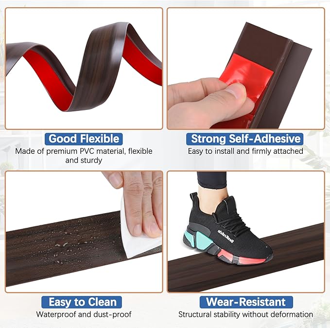 Vinyl Door Threshold Flooring Transition Strip Self Adhesive Carpet Edging Strip for Laminate Doorway Edge Threshold from 2/5" to 3/5" (Brown Wood Grain, 3.3 Ft)