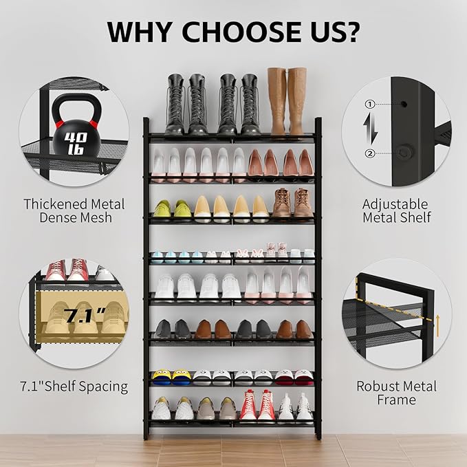 Shoe Rack, 8-Tier Metal Shoe Organizer, Tall Shoe Rack for Closet,entryway,Garage, with Adjustable Flat or Angled Shelves, 32-40 Pairs,Shoes That can accommodate The Whole Family.