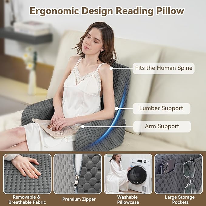 Bed Reading Pillow Back Support with Arms, Removable Pillowcase for Book Working Gaming Resting Watching TV, Gray White/20in