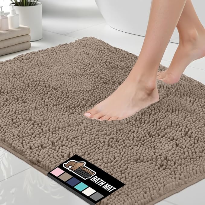GORILLA GRIP Bath Rug Mat 30x20, Thick Soft Absorbent Chenille, Quick Dry Microfiber Mats, Rubber Backing Washable Shower Floor Rugs, US Designed Bathroom Bathmat Home Decor Accessories, Gray Beige