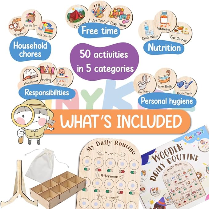Daily Routine Chart for Kids, Visual Schedule, Routine Chart for Toddlers 3-5, Morning Bedtime Routine Chart for Toddlers, Wooden Chore Chart for Kids