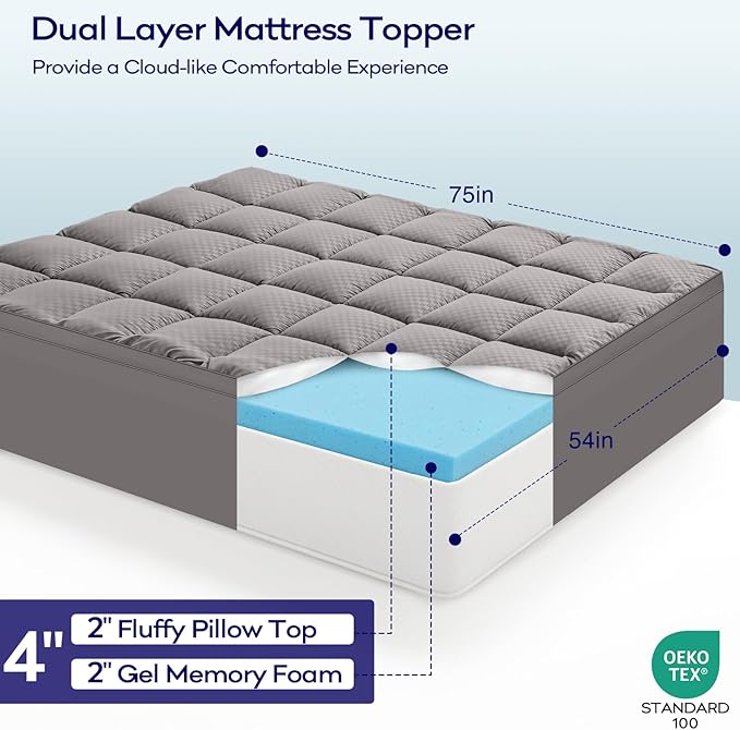 OLANLY Dual-Layer 4 Inch Full Size Memory Foam Mattress Topper for Back Pain, 2 Inch Cooling Pillow Top Mattress Pad Cover and 2 Inch Gel Memory Foam Topper, Deep Elastic Pocket, Light Grey