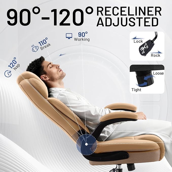 Ergonomic Office Chair with High Back Headrest, PU Leather Executive Desk Chair - Padded Flip-Up Armrests, Lumbar Support, Swivel Computer Chair for Home Office & Gaming, Khaki