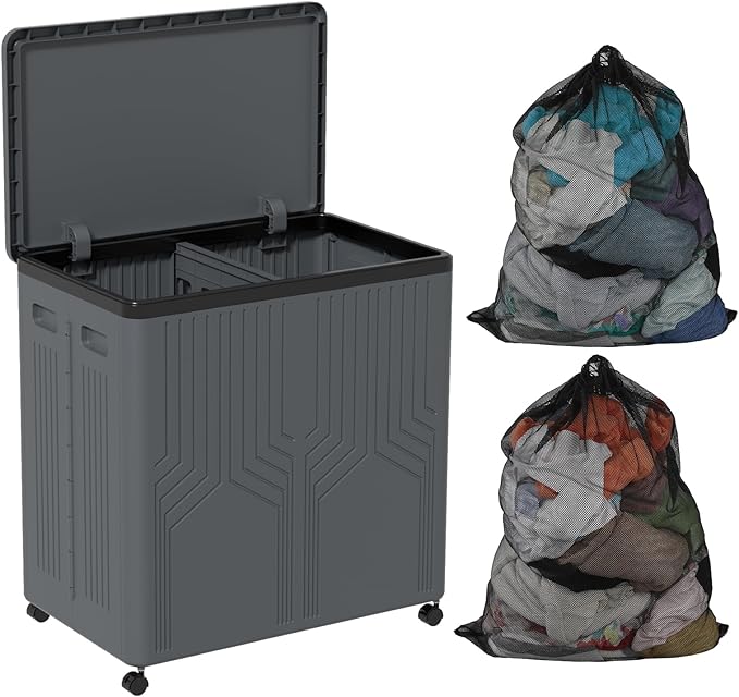 2 Section Plastic Laundry Hamper with Wheels, 120 L Collapsible Clothes Basket with Lid, Grey