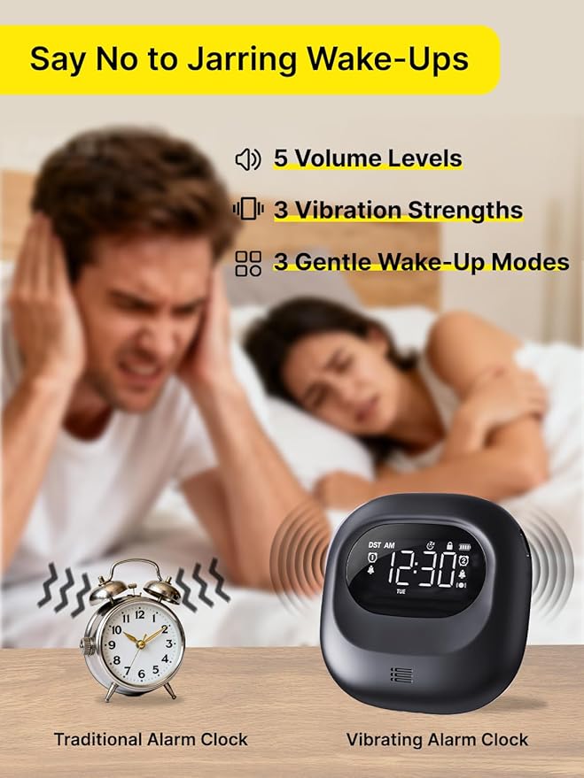 ROCAM Rechargeable Vibrating Alarm Clock Bed Shaker, 3000mAh Portable Travel Clock Under Pillow for Teens, Deaf People, Heavy Sleepers, Adults – 160-Day Standby, Great for Bedroom or Dorm Use