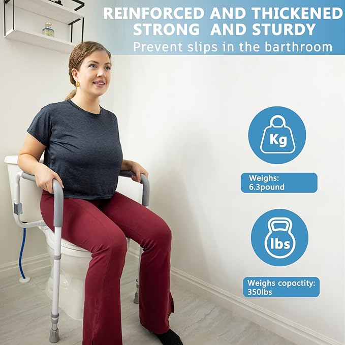 Toilet Safety Rails for Elderly Adults - Adjustable Bathroom Toilet Safety Frame with Handles - Stand Alone Toilet Grab Bar for Senior, Handicap & Disabled,Fits Most Toilets, White, TRX-8002