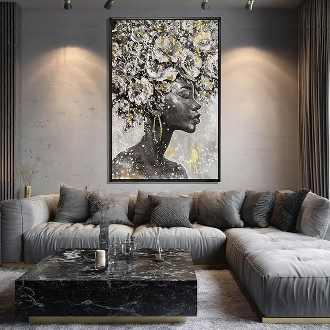 MLART99 Elegant African American Wall Art with Floral Canvas Black Artwork Gold and Black Girl Wall Decor -40x60 Inch Contemporary Print for Living Room Entryway