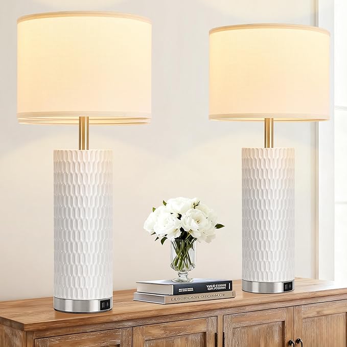 27.5" Ceramic Table Lamp, Table Lamp for Living Room with USB A+C Charging Ports, 3 Way Touch Control Table Lamps for Bedroom, Modern Bedside Lamp Set of 2, End Table Lamps, Bulbs Included White