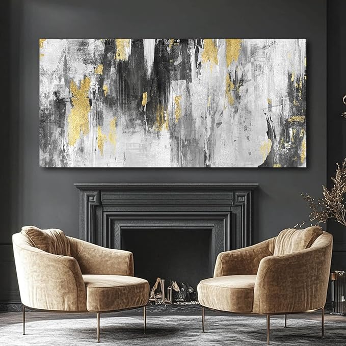 SOUGUAN Canvas Wall Art Gold Abstract Art Living Room Decor 30"x 60" Black and Grey Artwork Office Decor Large Paintings for Bedroom Home Decoration