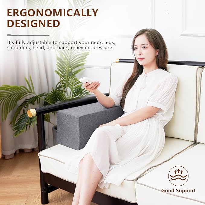 2 Pack Couch Arm Rest Pillow, 8''x8''x20'' Linen Cover, High Density Foam Armrest Cushion, Removable & Washable Elbow Support for Sofa, Bed, and Armchair (Grey)