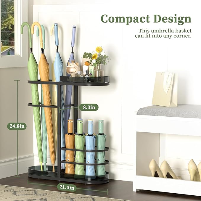 Minimalist Umbrella Stand for Indoor Entryway, Free Standing Umbrella Holder Holds 12+ Paraguas/Canes - Metal Storage Rack with Acrylic Basket & Drip Tray for Home Office Hall