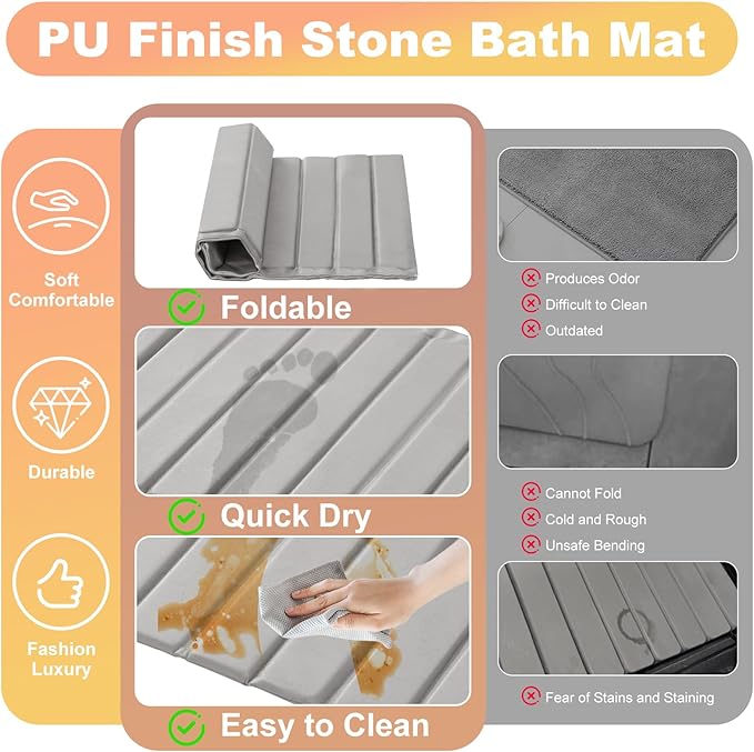 Stone Bath Mats for Bathroom, Super Absorbent Diatomaceous Earth Bath Mat Comfort PU Leather Finish, Quick Dry Non-Slip Easy to Clean,Removable & Foldable Stone Dish Drying Mat Kitchen 24x16