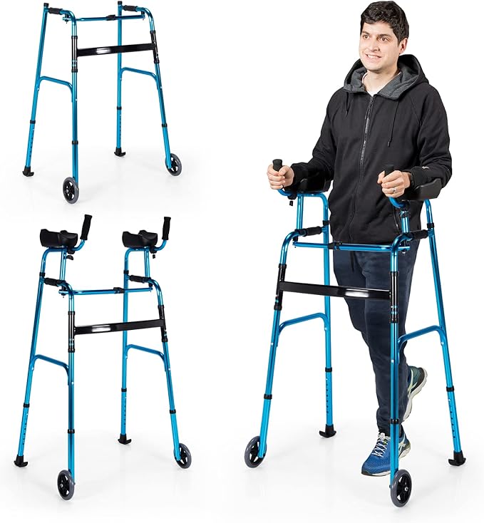 Goplus Walkers for Seniors, Foldable Standard Walker with 5’’ Wheels and Removable Padded Armrests 440lbs, Lightweight Walking Mobility Aid, Folding Platform Walker for Elderly, Handicap, Disabled