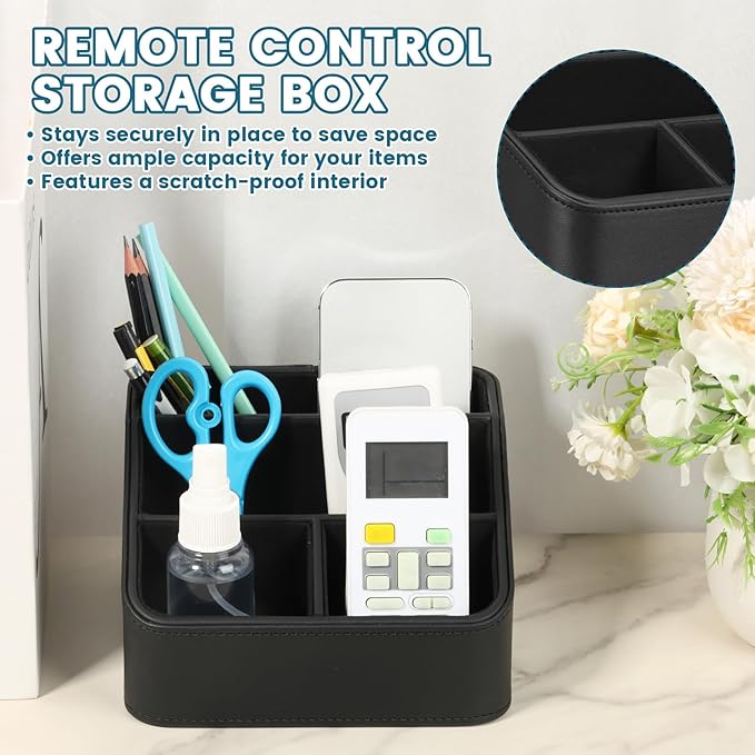 PU Remote Control Holder, Small Desk Organizer Office Supply Bedside Caddy for Nightstand End Table Remote Organizer with 3/4 Compartment (Black)(4 grids)