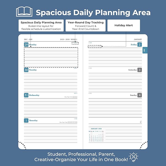 Planner 2026 Daily Weekly and Monthly,6.5"x3.75",12 Months Spiral Bound Calendar Agenda with Self-adhesive Pen Holder,2026 Appointment Book with Vegan Leather Soft Cover,Blue