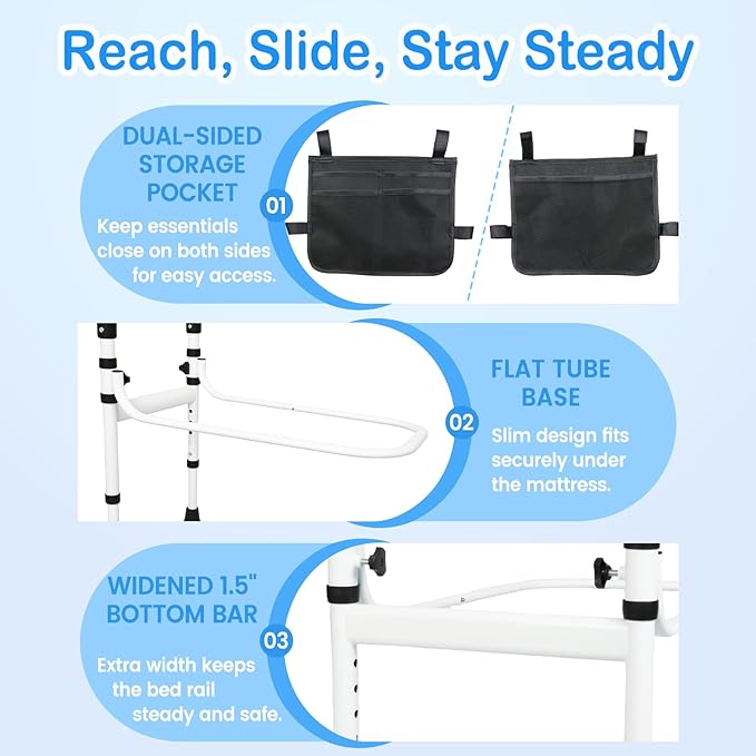 Bed Rails for Elderly Adults Safety, Bed Cane for Seniors, Adjustable Height Grab Bar Handrails with 2 Ergonomic Handles and Storage Pocket, Support up to 300 lbs, 180° Foldable Assist Rail