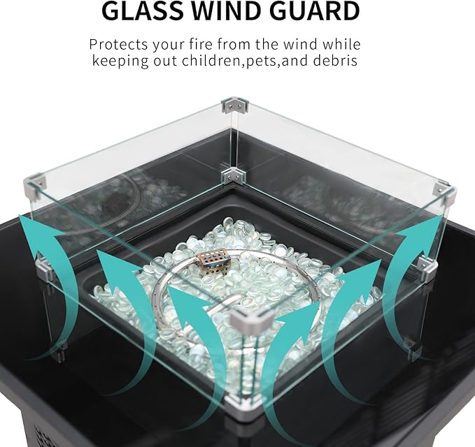 28" Square Fire Pit Table, Outdoor Propane Gas Firepit with Lid & Glass Wind Guard, 50,000 BTU, CSA Listed, Black Wicker Rattan for Patio, Garden, Backyard, Deck