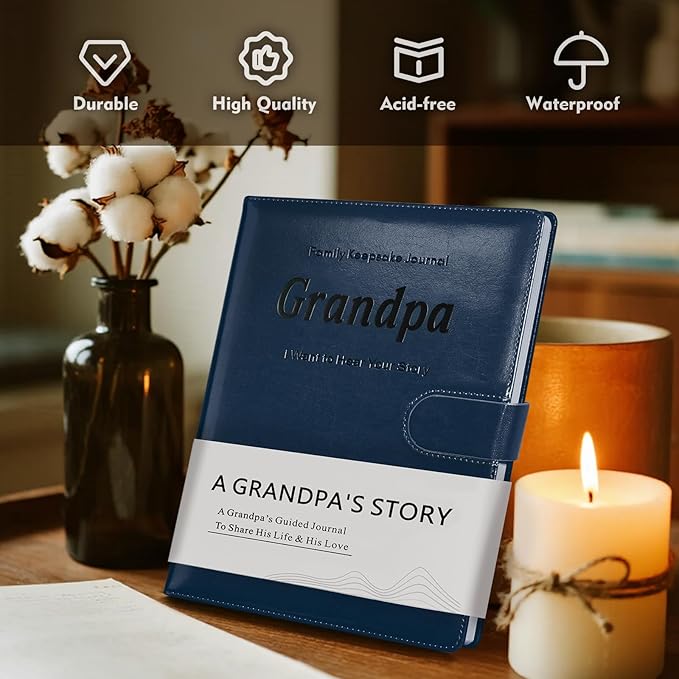 Artmag Grandpa's Life Story Journal with 250+ Prompt Questions, Family Keepsake Book Leather Cover for Grandpa to Share His Memories for Birthday Father's Day Christmas (Blue)