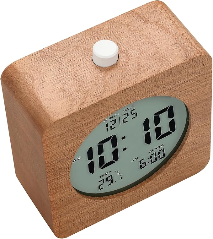 Plumeet Wooden Digital Alarm Clock for Bedrooms, Wood 4'' Battery Powered Alarm Clock with Snooze and Nightlight, Electronic LCD Desk Clock Display Time, Date, Temp, 12/24H, Wood Décor, Square, Sapele
