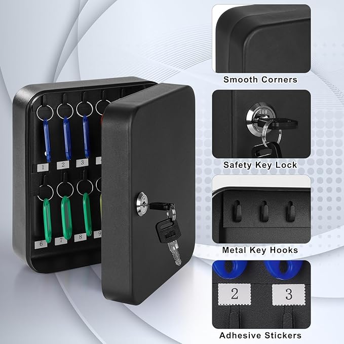 KYODOLED Key Cabinet Wall Mount, Locking Key Box Organizer, Key Lock Box with Key, Key Holder Lock Box for Wall, 20 Key Hooks & Tags Key Lab,7.8"x6.3"x3.14" Black