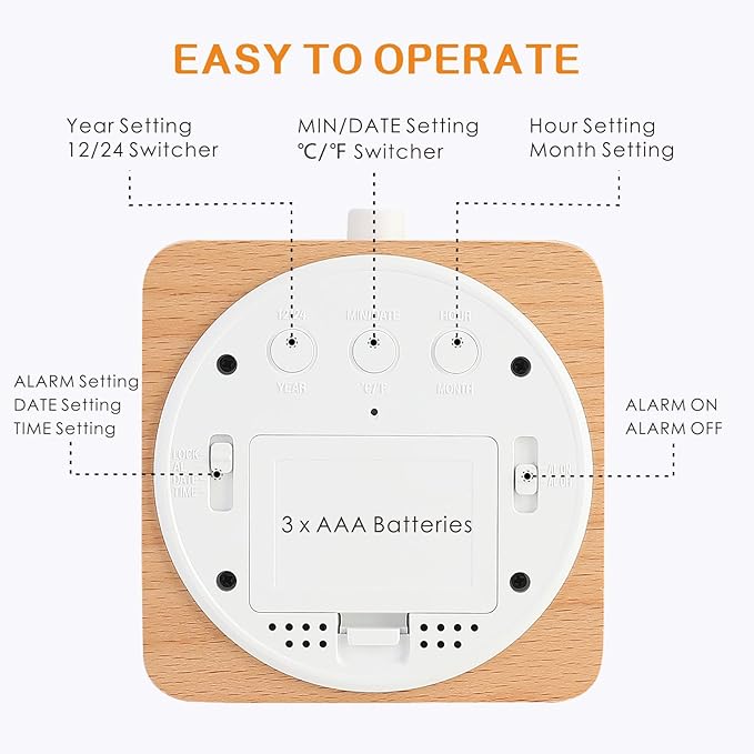 Plumeet Wooden Digital Alarm Clock for Bedrooms, Wood 4'' Battery Powered Alarm Clock with Snooze and Nightlight, Electronic LCD Desk Clock Display Time, Date, Temp, 12/24H, Wood Décor, Square, Brown