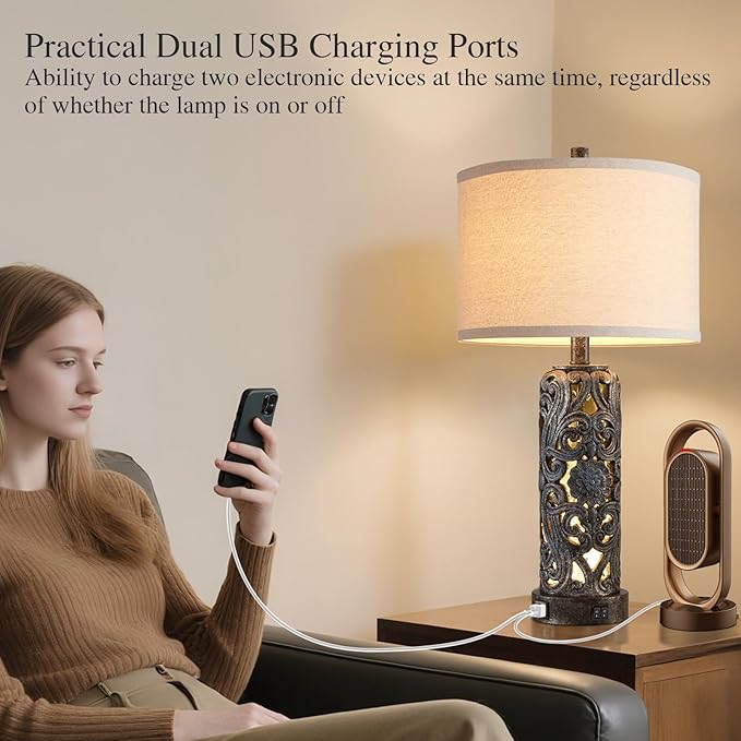 RORIANO 25'' Set of 2 Rustic Table Lamp for Bedroom Living Room with 2 USB Ports, Farmhouse Vintage Resin Nightstand Lamp with Nightlight, Antique Retro Desk Lamp for Entryway, 2 Bulbs Included