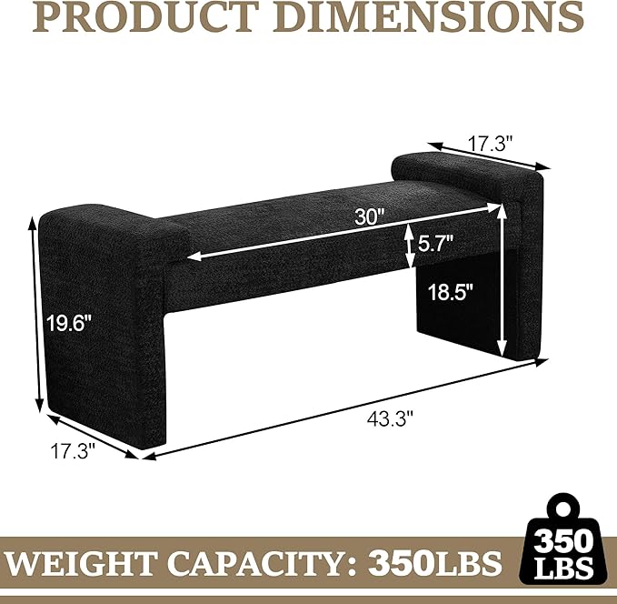 43" End of Bed Bench Upholstered Modern Bedroom Bench for Living Room & Entryway, Easy Assembly, Footrest Ottoman Accent Window Bench with Solid Wood Frame & Curved Arm, Black