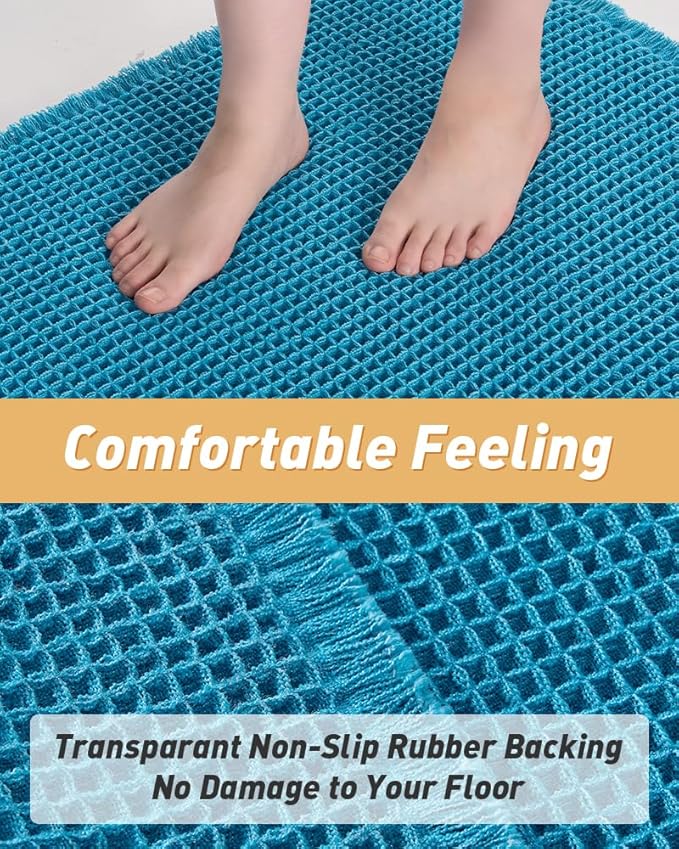 AMOAMI Upgraded Waffle Bath Mat, Super Absorbent Non Slip Bath Mats for Bathroom Floor, Machine Washable Bathroom Rugs with Tassels, Rubber Backed Bathroom Mats, Ultra Soft, 20" x 32", Teal