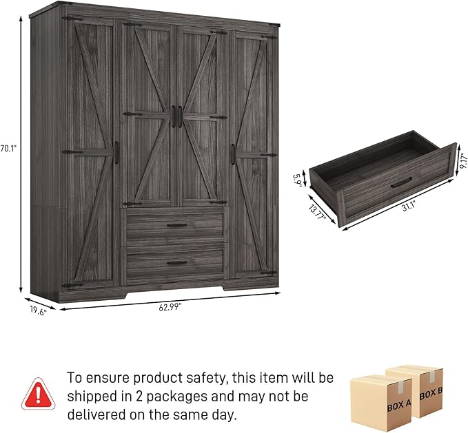 4 Doors Wardrobe Armoire Closet with Doors and Drawers, Farmhouse Wooden Armoire Storage Cabinet with Shelves & Hanging Rod for Bedroom, Grey