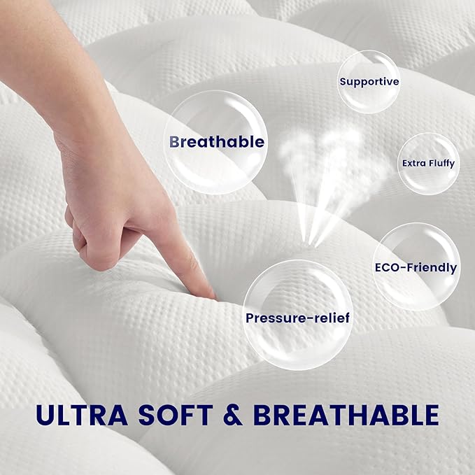 SLEEP ZONE Mattress Topper Twin XL Size, Extra Thick Fitted Mattress Pad for Back Pain, Plush and Support Mattress Cover, Deep Pockets Mattress Protector, Hotel Quality (White, Twin XL)