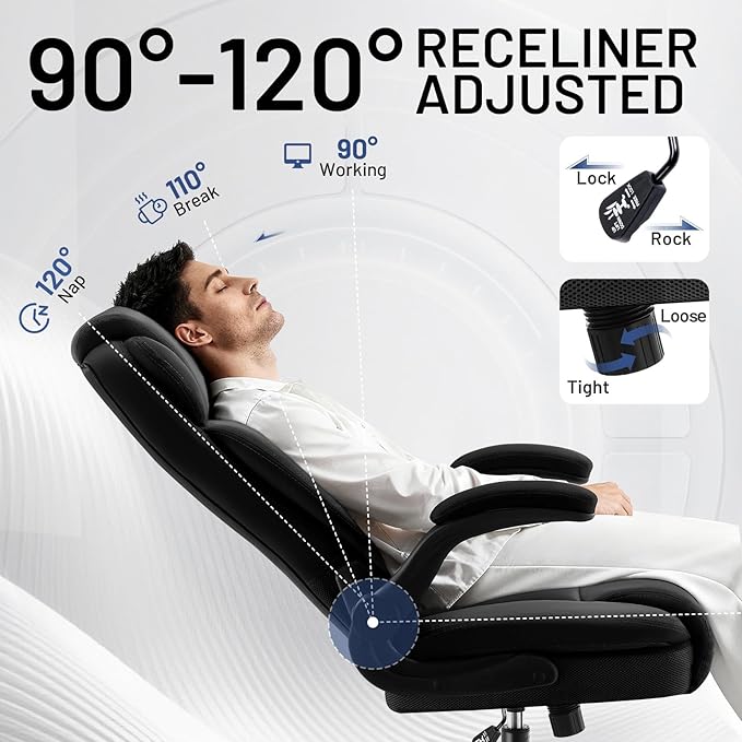 Ergonomic Office Chair with High Back Headrest, PU Leather Executive Desk Chair - Padded Flip-Up Armrests, Lumbar Support, Swivel Computer Chair for Home Office & Gaming, Black