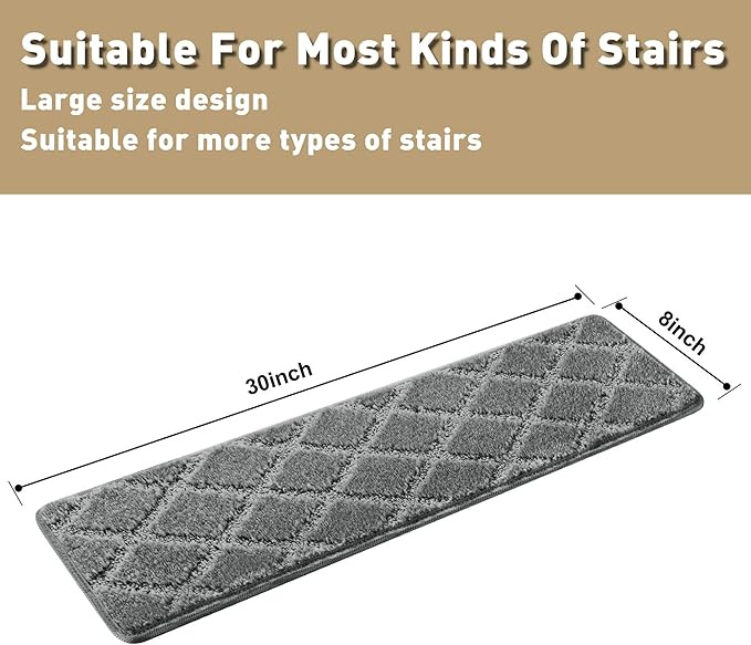 PURE ERA Carpet Stair Treads Tape Free Non Slip Indoor Stair Carpet Stair Protectors Pet-Friendly Non-Slip Skid Resistant Washable Reusable 8" x 30"(14 Pieces,Gray Diamond Trellis)