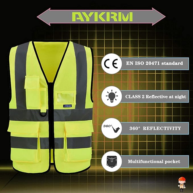 A-SAFETY Hi Reflective Safety Vest,Hi Vis Bright Neon Colors Safety Vest with 4 Reflective Strips 7 Pockets(Yellow Small)