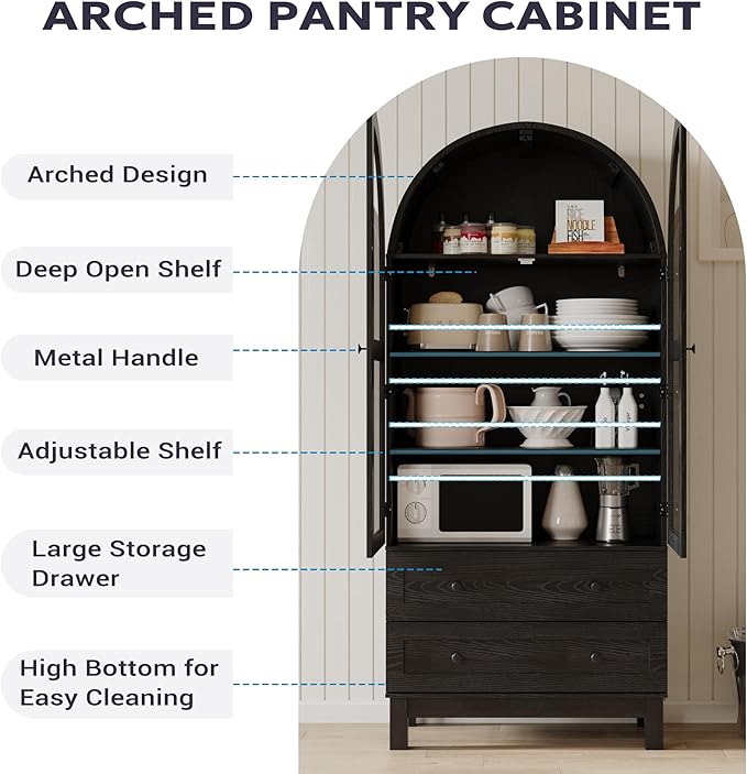 71" Tall Arched Kitchen Pantry, Kitchens Pantry Storage Cabinet with 2 Large Drawers and Adjustable Shelves, Modern Farmhouse Versatile Cupboard for Kitchen, Dining Room, Bathroom, Black