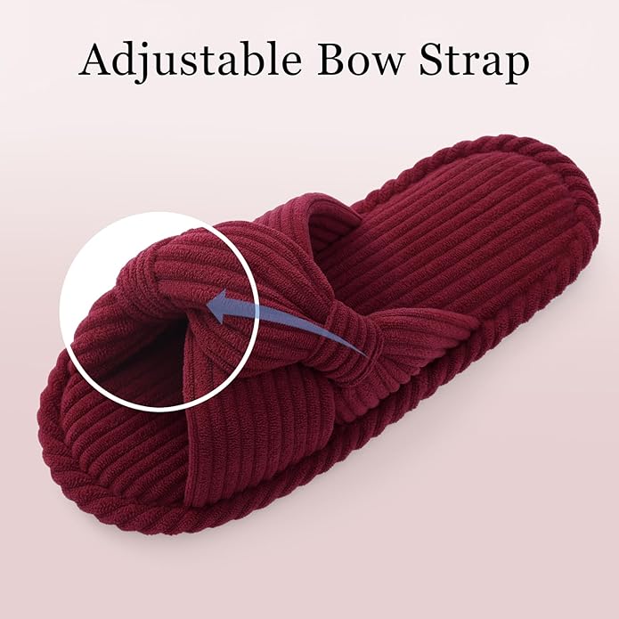 Evshine Fall House Slippers for Women Corduroy Cross Bow Indoor Slippers Open Toe Slip On Bedroom Shoes with Memory Foam