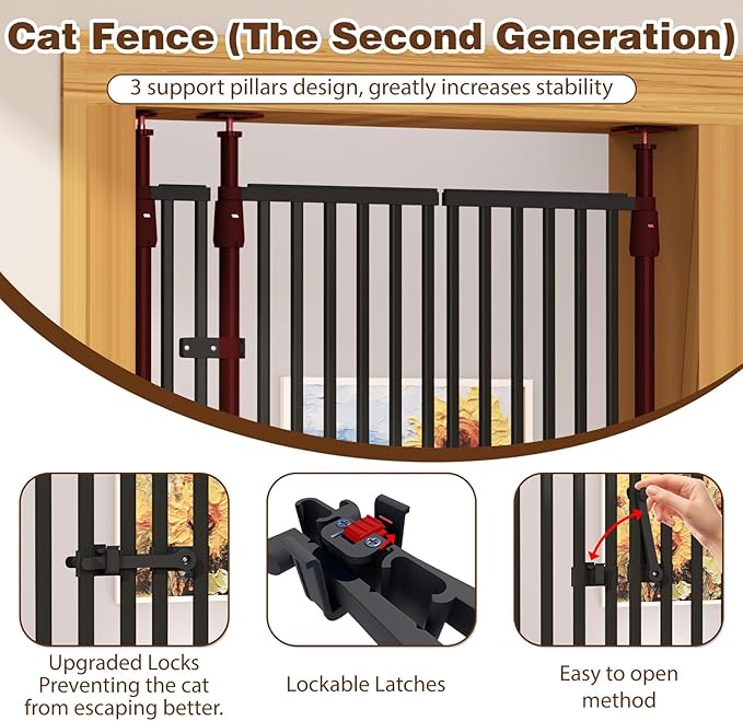 74.8"-90.5" Extra Tall Cat Gate for Doorway, Auto‑Close, No‑Drill Pressure‑Mount with 3 Support Pillars & Double‑Door, Fits 30.3–38.2″ Openings, 1.37″ Narrow Gap, Extension Kit Included, Black